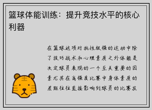 篮球体能训练：提升竞技水平的核心利器